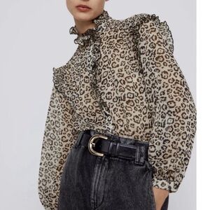Zara Leopard Print Ruffle Top Sheer Size Small Chiffon Beige Black
